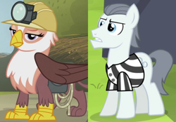 Size: 1072x746 | Tagged: safe, edit, edited screencap, screencap, gimme moore, silver shill, earth pony, griffon, pony, g4, leap of faith, the lost treasure of griffonstone, bag, clothes, comparison, crack shipping, cropped, female, gimmeshill, helmet, interspecies, male, mining helmet, rope, saddle bag, shipping, shipping domino, shirt, stallion, straight, striped shirt