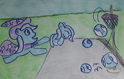 Size: 1280x816 | Tagged: safe, artist:dex stewart, trixie, pony, unicorn, g4, basketball, basketball hoop, basketball net, bouncing, cape, clothes, female, hat, mare, morph ball, solo, sports, traditional art, transformation, trixie's cape, trixie's hat, trixieball