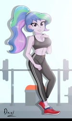 Size: 1225x2048 | Tagged: safe, artist:danielitamlp, princess celestia, principal celestia, equestria girls, g4, alternate hairstyle, belly button, breasts, busty princess celestia, cleavage, clothes, female, gym, looking at you, ponytail, shoes, sleeveless, smiling, sneakers, solo, sports bra, trackpants, weights