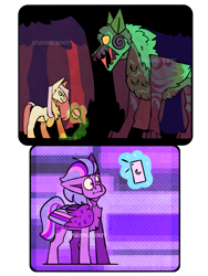 Size: 2625x3500 | Tagged: safe, artist:mrraapeti, fluttershy, twilight sparkle, pony, timber wolf, g4, cellphone, earth pony fluttershy, high res, magic, pegasus twilight sparkle, phone