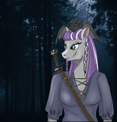 Size: 1035x1080 | Tagged: safe, artist:terr@koterr@, maud pie, bat, fruit bat, pony, anthro, g4, braided tail, breasts, cyrillic, forest background, russian, scar, skunk stripe, sword, weapon, wolfhound (charcter)
