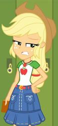 Size: 1899x4095 | Tagged: safe, screencap, applejack, equestria girls, equestria girls specials, g4, my little pony equestria girls: better together, my little pony equestria girls: holidays unwrapped, o come all ye squashful, applejack's hat, belt, cellphone, clothes, cowboy hat, cropped, cutie mark, cutie mark on clothes, denim skirt, female, geode of super strength, hat, jewelry, jpg, lockers, magical geodes, necklace, phone, skirt, smartphone, solo