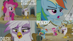 Size: 1280x720 | Tagged: safe, edit, edited screencap, editor:quoterific, screencap, gilda, pinkie pie, rainbow dash, earth pony, griffon, pegasus, pony, g4, the lost treasure of griffonstone, bag, bipedal, eye contact, female, looking at each other, mare, open mouth, saddle bag, smiling
