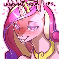 Size: 1159x1159 | Tagged: safe, artist:cold-blooded-twilight, princess cadance, alicorn, pony, g4, bedroom eyes, blushing, bronybait, bust, cute, dialogue, female, full face view, glowing, heart, horn, imminent infidelity, lidded eyes, looking at you, mare, peytral, png, princess cadance is always horny, princess of love, raised hoof, seductive, seductive look, sexy, simple background, smiling, smiling at you, solo, stupid sexy princess cadance, talking to viewer