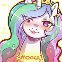 Size: 1159x1159 | Tagged: safe, artist:cold-blooded-twilight, princess celestia, alicorn, pony, g4, blushing, bronybait, bust, crown, cute, dialogue, eye clipping through hair, female, front view, full face view, heart, jewelry, looking at you, peytral, png, regalia, simple background, smiling, smiling at you, solo, sparkles, talking to viewer