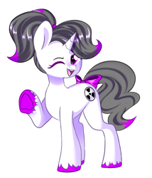 Size: 910x1062 | Tagged: safe, artist:thieftea, oc, oc only, oc:hazel radiate, pony, unicorn, bow, commission, commissioner:biohazard, female, hair bow, highlights, looking at you, one eye closed, ponytail, quadrupedal, radiation sign, raised hoof, simple background, smiling, solo, standing, tail bow, white background, wink, winking at you, ych result