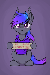Size: 2000x3000 | Tagged: safe, artist:danger_above, oc, oc only, oc:grey, bat pony, pony, belly button, clothes, cute, ear fluff, high res, hoodie, male, sign, simple background, sitting, solo, text, trap