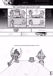 Size: 6071x8598 | Tagged: safe, artist:johnerose126, ocellus, pinkie pie, smolder, changedling, changeling, dragon, fanfic:does she know, g4, absurd resolution, comic, fanfic art, monochrome