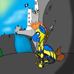 Size: 768x768 | Tagged: safe, artist:dablupegasiarts, oc, pegasus, pony, blue pony, bluedrum, castle, guard, guardsman, male, river, spear, sunlight, tower, weapon