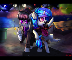 Size: 3600x3000 | Tagged: safe, artist:mjsw, dj pon-3, octavia melody, vinyl scratch, earth pony, pony, unicorn, g4, cigarette, cigarette holder, city, clothes, detective, duo, female, high res, letterboxing, mare, night, smoking