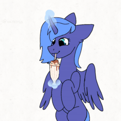 Size: 768x768 | Tagged: safe, artist:valkiria, princess luna, alicorn, pony, animated, cute, daaaaaaaaaaaw, drinking, female, floppy ears, food, frame by frame, gif, glowing horn, horn, lowres, lunabetes, magic, mare, milkshake, s1 luna, simple background, sitting, solo, white background, wings