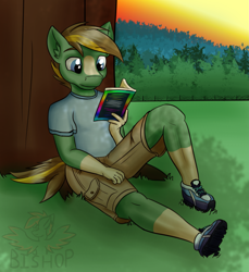 Size: 2355x2570 | Tagged: safe, artist:askavrobishop, oc, earth pony, anthro, book, clothes, grass, high res, male, reading, shirt, shoes, shorts, stallion, sunset, tree