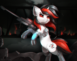 Size: 2500x2000 | Tagged: safe, artist:freak-side, oc, oc only, oc:blackjack, cyborg, pony, unicorn, fallout equestria, fallout equestria: project horizons, amputee, cybernetic legs, fanfic art, gun, high res, level 1 (project horizons), pipbuck, rearing, red eyes, rifle, sniper rifle, solo, weapon