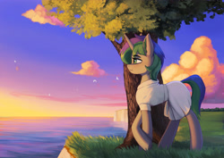 Size: 4973x3523 | Tagged: safe, artist:mrscroup, oc, oc only, oc:sparky starfall, pony, unicorn, absurd resolution, cliff, cloud, crossed hooves, female, jpg, mare, ocean, scenery, sky, smiling, solo, tree, water