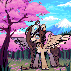 Size: 900x900 | Tagged: safe, artist:hikkage, oc, oc only, oc:ondrea, pegasus, pony, animated, braid, braided tail, cherry, cherry blossoms, cloud, female, fire, flower, flower blossom, food, gif, hair over one eye, idle, idle animation, looking at you, magic, mare, mountain, pink, pixel art, pretty, scenery, skull, smiling, smiling at you, solo, spread wings, tree, wings