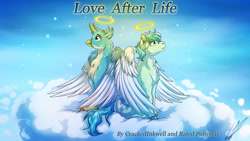Size: 1920x1080 | Tagged: safe, artist:lupiarts, gallus, sandbar, angel, earth pony, griffon, pony, fanfic:love after life, g4, fanfic, fanfic art, fanfic cover, gay, halo, male, ship:gallbar, shipping