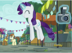 Size: 614x450 | Tagged: safe, edit, edited screencap, screencap, lucky breaks, neigh sayer, pegasus olsen, peggy holstein, rarity, earth pony, pony, unicorn, g4, season 6, the gift of the maud pie, animated, behaving like pinkie pie, camera, cropped, cute, discovery family logo, excited, eyes closed, female, flea market, gif, happy, lowres, magic, male, manehattan, mare, open mouth, pronking, raribetes, solo focus, stallion, telekinesis