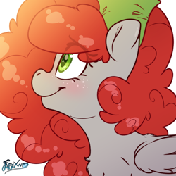 Size: 2000x2000 | Tagged: safe, artist:fluffyxai, oc, oc only, oc:scenic spatter, pegasus, pony, blushing, cute, fluffy mane, high res, looking sideways, side view, simple background, smiling, solo, white background