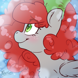 Size: 2000x2000 | Tagged: safe, artist:fluffyxai, oc, oc only, oc:scenic spatter, pegasus, pony, abstract background, blushing, cute, fluffy mane, high res, looking sideways, side view, simple background, smiling, solo