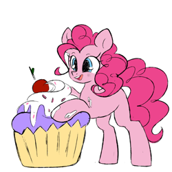 Size: 1000x1000 | Tagged: safe, artist:thieftea, pinkie pie, earth pony, pony, g4, cupcake, cute, diapinkes, female, food, mare, open mouth, simple background, solo, white background