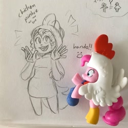 Size: 1440x1440 | Tagged: safe, artist:scribleydoodles, pinkie pie, earth pony, human, pony, g4, animal costume, chicken pie, chicken suit, clothes, costume, female, humanized, irl, mare, merchandise, open mouth, photo, sketch, solo, traditional art