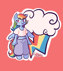 Size: 800x900 | Tagged: safe, artist:scribleydoodles, rainbow dash, pegasus, anthro, g4, chibi, clothes, female, midriff, pants, red background, shirt, simple background, solo, sweatpants, t-shirt