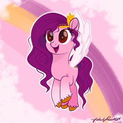 Size: 1280x1280 | Tagged: safe, artist:caliunicalien, pipp petals, pegasus, pony, g5, adorapipp, cute, female, flapper, mare, open mouth, raised hoof, red eyes, red-eyed pipp, signature, smiling, solo, spread wings, unshorn fetlocks, wings