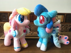 Size: 4032x3024 | Tagged: safe, artist:brony_festival, oc, oc:electronia, oc:lyre wave, irl, looking at each other, mascot, photo, plushie, qingdao brony festival