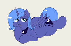 Size: 2684x1756 | Tagged: safe, artist:blitzyflair, princess luna, alicorn, pony, g4, both cutie marks, chubby, eye clipping through hair, female, jpg, looking at you, lying down, mare, open mouth, peytral, prone, raised hoof, s1 luna, simple background, solo