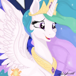 Size: 1920x1920 | Tagged: safe, artist:caliunicalien, princess celestia, alicorn, pony, g4, crown, cute, cutelestia, eyelashes, feather, female, jewelry, jpg, mare, open mouth, open smile, regalia, signature, smiling, solo, spread wings, wings
