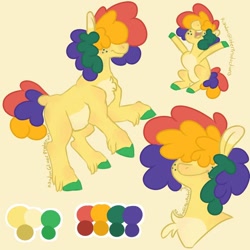 Size: 1000x1000 | Tagged: safe, artist:random_glitter_productions, oc, oc only, earth pony, pony, bust, chest fluff, colored hooves, male, rearing, reference sheet, signature, simple background, smiling, stallion, yellow background