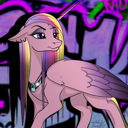 Size: 1024x1024 | Tagged: safe, artist:caliunicalien, idw, princess cadance, alicorn, pony, g4, reflections, spoiler:comic, ear piercing, earring, evil cadance, female, floppy ears, graffiti, jewelry, lock, mare, necklace, padlock, piercing, signature
