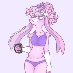 Size: 1000x1000 | Tagged: safe, artist:random_glitter_productions, oc, oc only, earth pony, anthro, bra, clothes, cup, female, frown, panties, signature, simple background, solo, underwear
