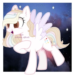 Size: 1080x1080 | Tagged: safe, artist:elinka_officall, oc, oc only, pegasus, pony, eyelashes, night, open mouth, pegasus oc, raised hoof, smiling, solo, stars, two toned wings, wings