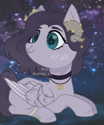 Size: 850x1024 | Tagged: safe, artist:elinka_officall, oc, oc only, pegasus, pony, choker, horns, looking back, lying down, night, pegasus oc, prone, smiling, solo, starry eyes, stars, two toned wings, wingding eyes, wings