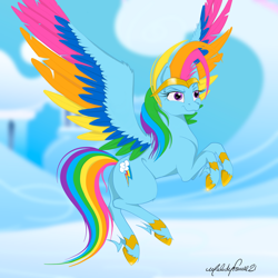 Size: 1920x1920 | Tagged: safe, artist:caliunicalien, rainbow dash, pegasus, pony, g4, colored wings, concave belly, feather, female, g5 concept leak style, g5 concept leaks, jewelry, mare, multicolored hair, multicolored tail, multicolored wings, png, rainbow dash (g5 concept leak), rainbow wings, raised hoof, signature, solo, spread wings, tiara, unshorn fetlocks, wings
