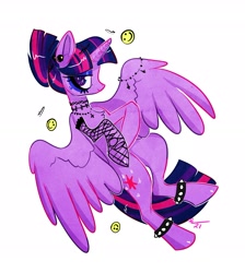 Size: 2020x2251 | Tagged: safe, artist:opalacorn, twilight sparkle, alicorn, pony, g4, alternate hairstyle, anklet, chest fluff, ear piercing, earring, eyeshadow, female, goth, high res, jewelry, makeup, mare, necklace, piercing, simple background, smiley face, solo, spiked anklets, spiked wristband, tattoo, twilight sparkle (alicorn), white background, wristband