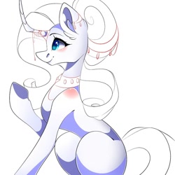 Size: 1080x1080 | Tagged: safe, artist:tessa_key_, rarity, pony, unicorn, g4, choker, curved horn, female, horn, horn jewelry, jewelry, lineart, mare, partial color, raised hoof, simple background, smiling, solo, white background, wip