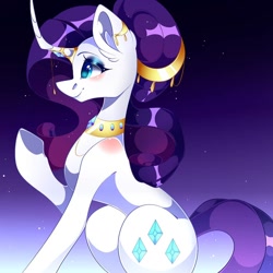 Size: 1080x1080 | Tagged: safe, artist:tessa_key_, rarity, pony, unicorn, g4, choker, colored, curved horn, female, gradient background, horn, horn jewelry, jewelry, makeup, mare, raised hoof, smiling, solo