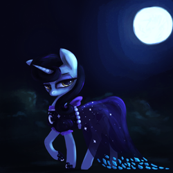 Size: 3000x3000 | Tagged: safe, artist:t72b, moonlight raven, pony, unicorn, g4, bow, clothes, dress, female, gem, high res, mare, moon, moonlight, night, see-through, see-through skirt, skirt, solo, stars