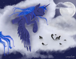 Size: 1600x1239 | Tagged: safe, artist:caliunicalien, princess luna, alicorn, pony, g4, cloud, eyes closed, feather, female, mare, moon, night, signature, sky, sleeping, solo, spread wings, stars, wings