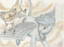 Size: 2855x2101 | Tagged: safe, artist:cindertale, oc, oc only, oc:aeon of dreams, oc:cinder, alicorn, deer, pegadeer, pony, alicorn oc, duo, eyes closed, flying, high res, horn, smiling, traditional art, wings