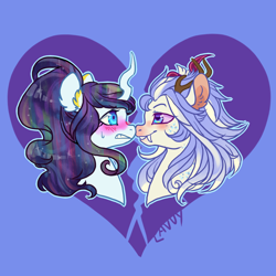 Size: 900x900 | Tagged: safe, artist:lavvythejackalope, oc, oc only, pony, unicorn, bust, commission, fangs, heart, horn, nervous, smiling, sweat, unicorn oc, ych result