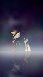 Size: 1746x3104 | Tagged: safe, artist:forest-lark, oc, draconequus, hybrid, pegasus, pony, draconequus oc, fog, interspecies offspring, looking up, night, night sky, offspring, parent:discord, parent:fluttershy, parents:discoshy, pegasus oc, reflection, sky