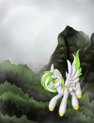 Size: 2144x2797 | Tagged: safe, artist:hellythequeen, oc, oc only, oc:helly, pegasus, pony, cloud, cloudy, flying, high res, looking down, mountain, pegasus oc, solo
