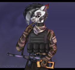 Size: 1280x1195 | Tagged: safe, artist:lisochka69, oc, oc only, earth pony, anthro, army, clothes, digital art, ear piercing, earring, gun, jewelry, male, piercing, rifle, simple background, solo, sunglasses, weapon