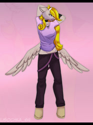 Size: 947x1280 | Tagged: safe, artist:lisochka69, oc, oc only, pegasus, anthro, unguligrade anthro, arm behind head, armpits, clothes, digital art, female, pants, shirt, simple background, solo, spread wings, wings