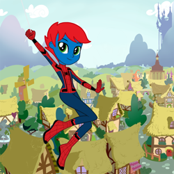 Size: 900x900 | Tagged: safe, artist:ry-bluepony1, oc, oc:train track, human, equestria girls, g4, base used, male, ponyville, show accurate, spider-man, swinging
