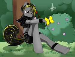 Size: 2000x1500 | Tagged: safe, artist:zcomic, oc, oc only, oc:happy emo, oc:happy-emo, oc:happyemo, butterfly, earth pony, anthro, unguligrade anthro, bush, clothes, digital art, female, niclove, pants, shirt, sitting, solo, tail, tree