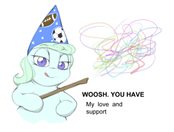 Size: 1084x823 | Tagged: safe, artist:lyrabop, oc, oc only, oc:wizpone, earth pony, pony, clothes, female, hat, looking at you, magic, mare, meme, ponified animal photo, shitposting, simple background, solo, text, tongue out, wand, white background, wizard hat